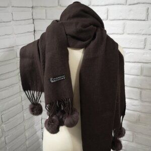 Unbranded Ladies Dark Brown Cashmere & Wool Blend Shawl / Scarf with Pom Poms